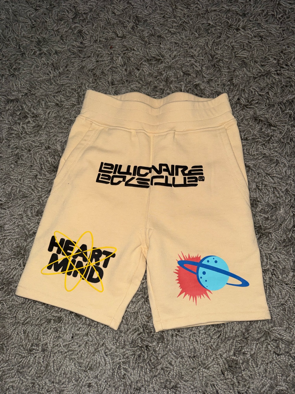 Billionaire Boys Club Cream Graphic Kids Shorts with Blue & Yellow Accents
